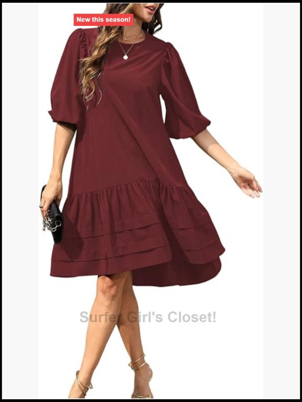 Women's Puff Sleeve Peplum Ruffle Tiered High Low Crewneck Short Dress